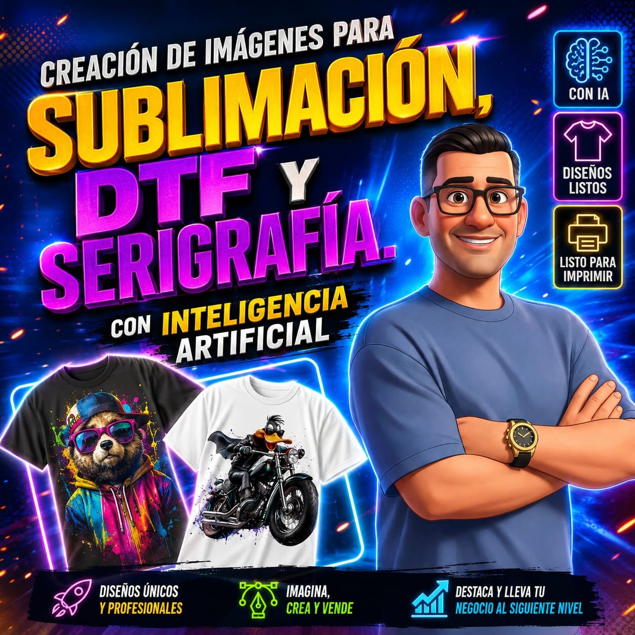 Portada oficial del curso Creación de Imágenes para Sublimación, DTF y Serigrafía con IA — Johan Torres